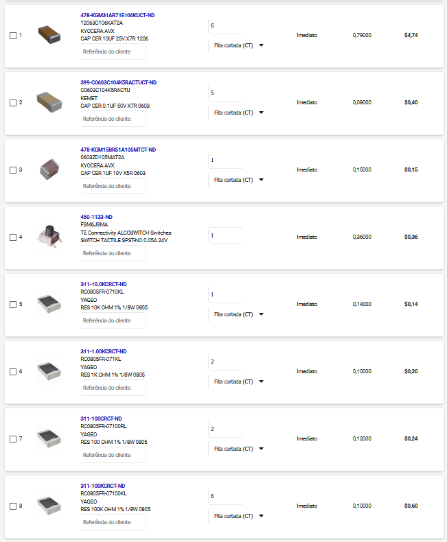 DigiKey items screenshot
